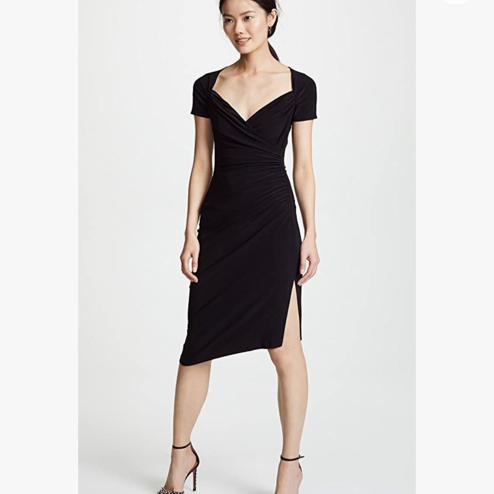 Norma Kamali Black Ruched V-Neck Midi Dress with Side Slit